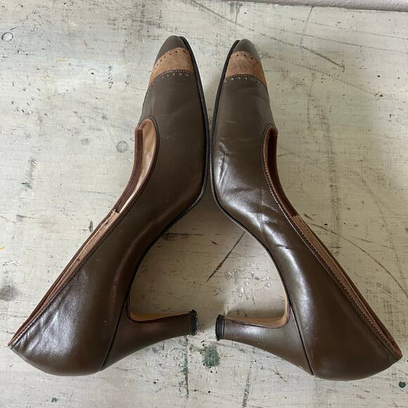 Vintage Ginnie Johansen leather wing tip high heel pumps brown 50s 60s retro 7 - Picture 10 of 13